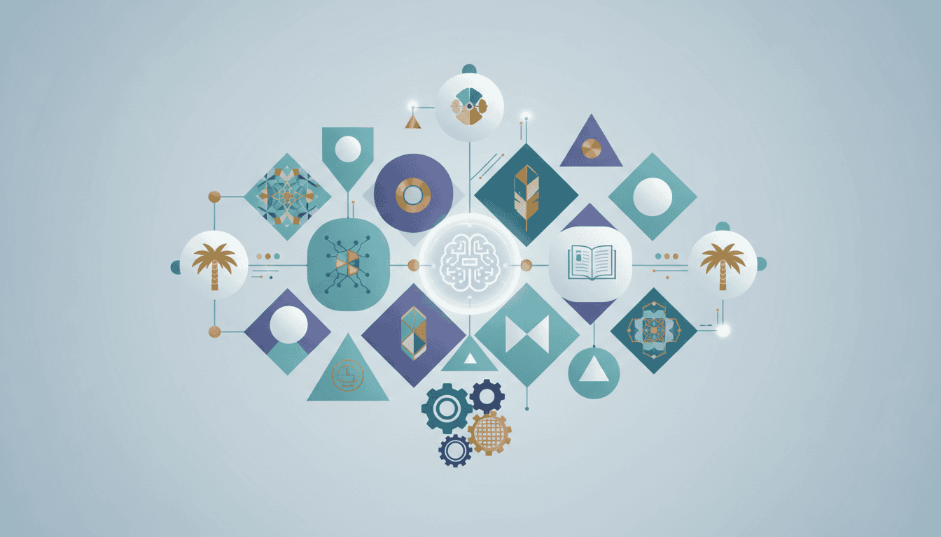Abstract geometric shapes representing AI and education, with a subtle nod to Emirati culture.